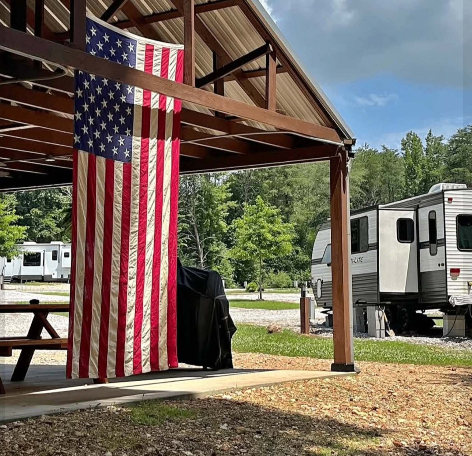 Covered pavilion with American flag